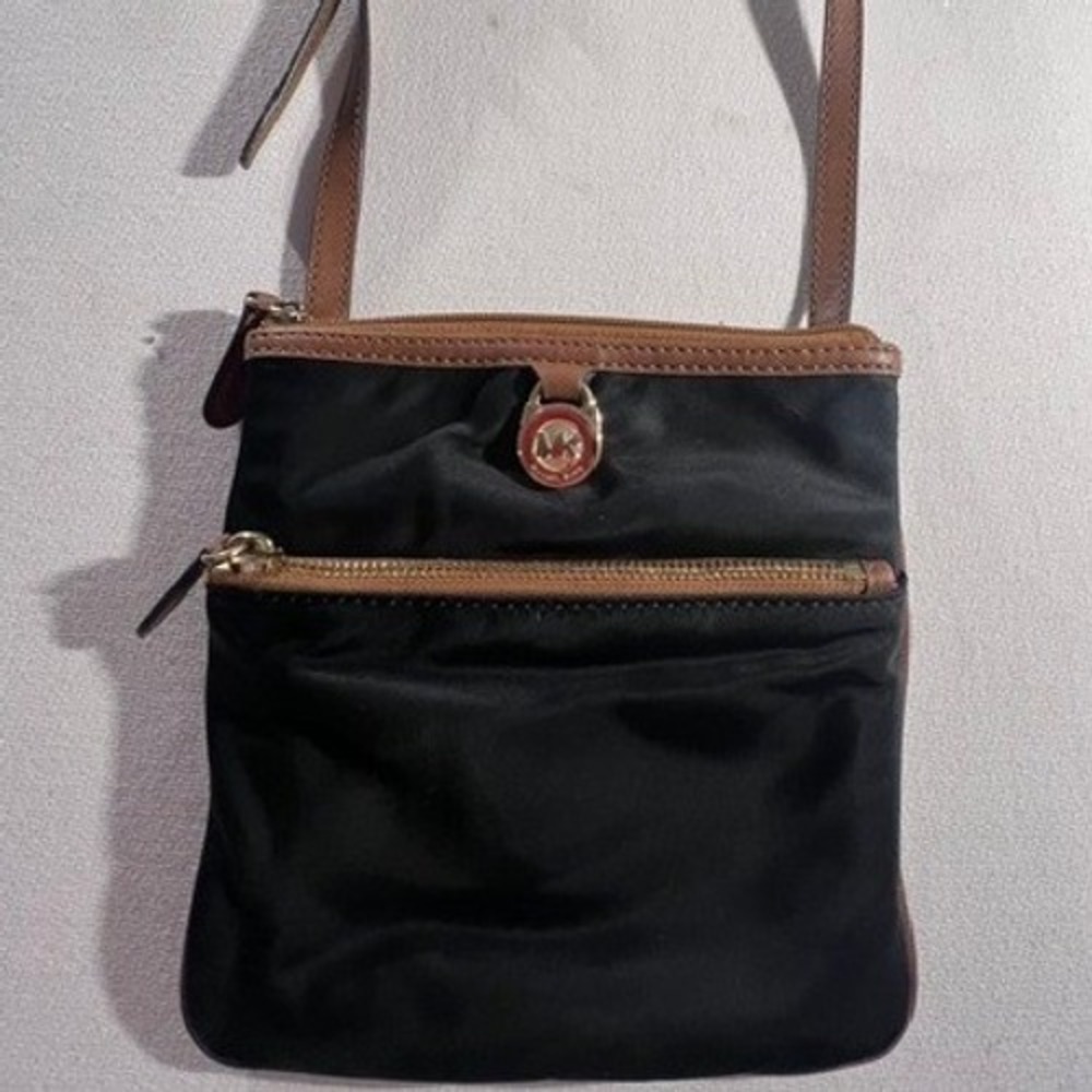 Michael Kors Crossbody Bag Women Small Black Brown Nylon Saffiano Leather Zip